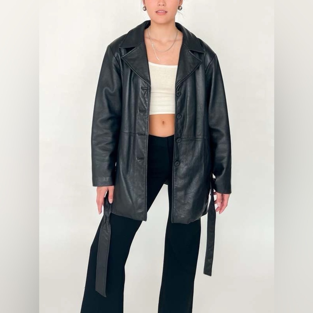 Vintage FM Canada Black Belted Full Button Up Genuine Leather Jacket size M